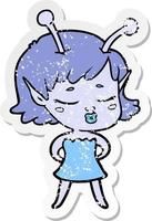 distressed sticker of a cute alien girl cartoon vector