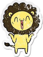 distressed sticker of a happy cartoon lion vector