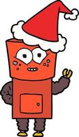 happy line drawing of a robot waving hello wearing santa hat vector