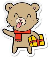 sticker of a rude cartoon bear with present vector