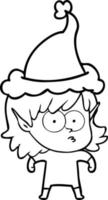 line drawing of a elf girl staring wearing santa hat vector