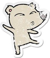 distressed sticker of a cartoon whistling bear vector