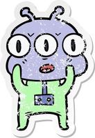 distressed sticker of a cartoon three eyed alien vector