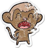 distressed sticker of a shouting cartoon monkey pointing vector