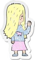 retro distressed sticker of a cartoon girl with pony shirt waving vector