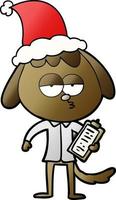 gradient cartoon of a bored dog in office clothes wearing santa hat vector