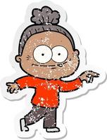 distressed sticker of a cartoon happy old woman vector