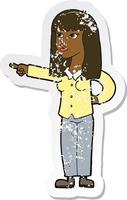retro distressed sticker of a cartoon pretty woman pointing vector