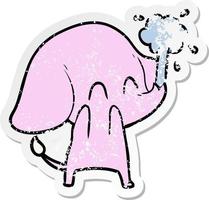 pegatina angustiada de un lindo elefante de dibujos animados arrojando agua vector