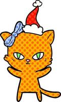 Linda ilustración estilo cómic de un gato con gorro de Papá Noel vector