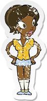 retro distressed sticker of a cartoon happy woman in short skirt vector