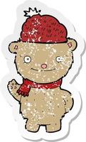 retro distressed sticker of a cartoon bear in hat vector