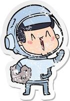 distressed sticker of a happy cartoon astronaut with moon rock vector