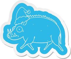 cartoon  sticker of a wild boar wearing santa hat vector