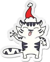 sticker cartoon of a white tiger wearing santa hat vector