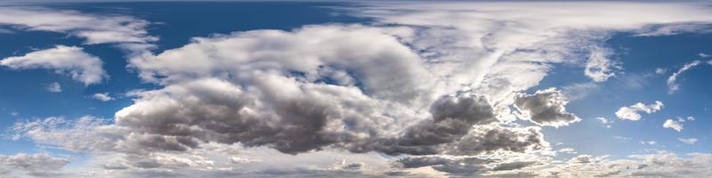 Seamless hdri panorama 360 degrees angle view blue sky with beautiful evening fluffy cumulus clouds without ground with zenith for use in 3d graphics or game development as sky dome or edit drone shot photo