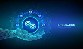 Integration data system. System Integration technology concept in wireframe hand. Industrial and smart technology. Business and automation solutions. Vector illustration.