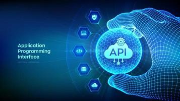 API. Application Programming Interface in the shape of sphere with hexagon pattern in wireframe hand. Software development tool, information technology and business concept. Vector illustration.