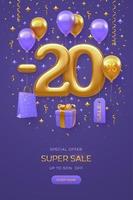 20 percent Off discount promotion Sale banner design on purple background. Realistic gold 3D 20 number with shopping bag, price tag, gift box with golden bow, fly helium balloons. Vector illustration.