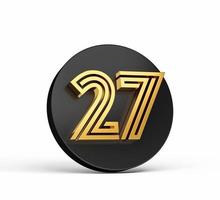 Royal Gold Modern Font. Elite 3D Digit Letter 27 Twenty Seven on Black 3d button icon 3d Illustration photo