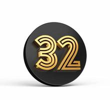 Royal Gold Modern Font. Elite 3D Digit Letter 32 Thirty two on Black 3d button icon 3d Illustration photo