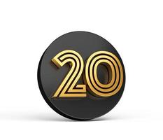 Royal Gold Modern Font. Elite 3D Digit Letter 20 Twenty on Black 3d button icon 3d Illustration