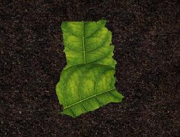 Ghana map made of green leaves on soil background ecology concept photo
