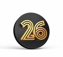 Royal Gold Modern Font. Elite 3D Digit Letter 26 Twenty six on Black 3d button icon 3d Illustration photo