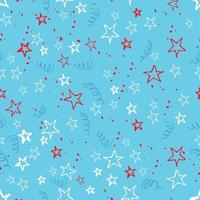 Seamless vector pattern with white and red stars, dots, and serpentine on a blue background. Good print for wrapping paper and packaging design