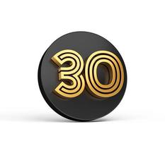 Royal Gold Modern Font. Elite 3D Digit Letter 30 Thirty on Black 3d button icon 3d Illustration