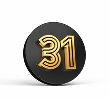 Royal Gold Modern Font. Elite 3D Digit Letter 31 Thirty one on Black 3d button icon 3d Illustration photo