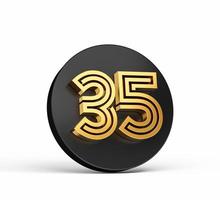 fuente moderna de oro real. letra de dígito 3d de élite 35 treinta y cinco en el icono de botón 3d negro ilustración 3d foto