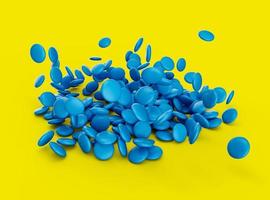 botones de chocolate recubiertos de caramelo de color azul arco iris que caen sobre fondo amarillo ilustración 3d foto