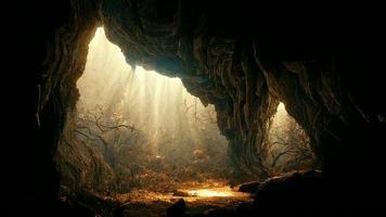 Dramatic light in dark cave landscape, mysterious and surreal, digital art photo