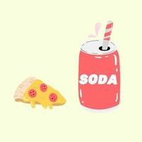 Bottle of soda drink and a slice of pizza. Junk fast food. Hand drawn stickers in retro style. Vector illustration