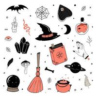 Hand drawn set of witch elements - book of shadows, potion, candl, hat, broom, crystal ball. Witchcraft symbols. Collection of halloween elements vector