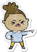 distressed sticker of a cartoon angry woman vector