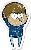 distressed sticker of a cartoon curious boy vector