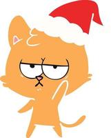 bored flat color illustration of a cat wearing santa hat vector