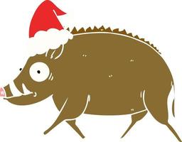 flat color illustration of a wild boar wearing santa hat vector