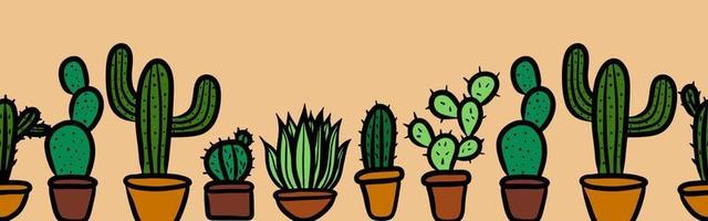 Cute doodle style kawaii cactus vector seamless pattern