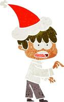 worried retro cartoon of a boy wearing santa hat vector