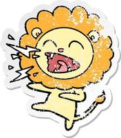 distressed sticker of a cartoon roaring lion vector