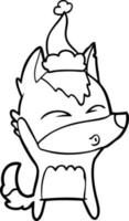 line drawing of a wolf whistling wearing santa hat vector