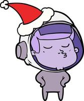 line drawing of a confident astronaut wearing santa hat vector