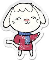 distressed sticker of a happy cartoon dog in winter clothes vector