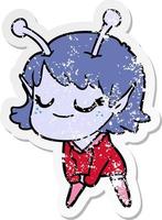 distressed sticker of a smiling alien girl cartoon vector