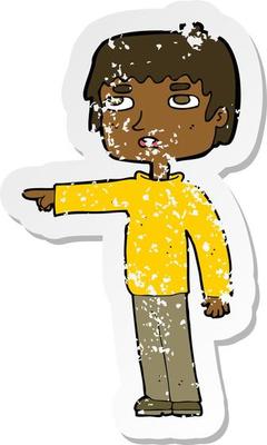 retro distressed sticker of a cartoon boy pointing
