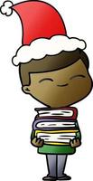 gradient cartoon of a smiling boy with stack of books wearing santa hat vector