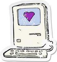 pegatina retro angustiada de una computadora de dibujos animados con corazón de amor vector